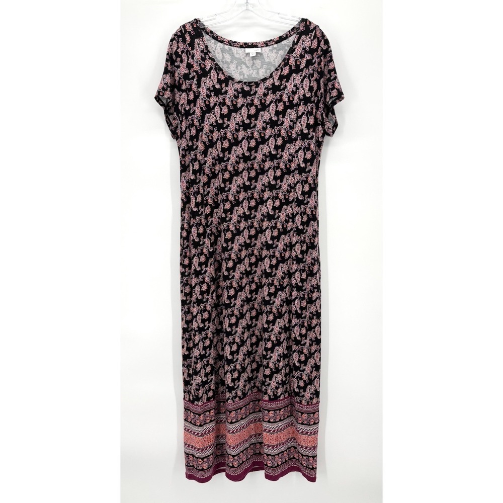 J Jill Paisley Print Short Sleeve Midi Dress Size Medium‎ Black Red Stretch